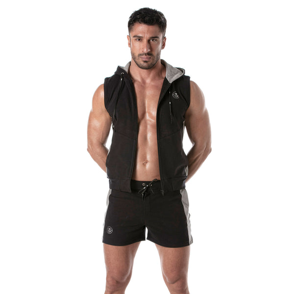 Ärmelloser Zip-Hoodie schwarz - Stretch, Taschen & Kontraststreifen | TOF Paris